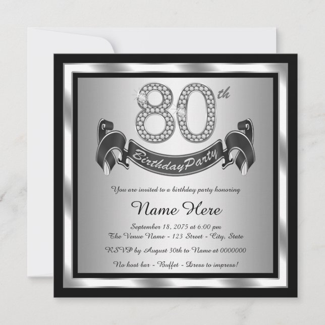 Invitación Fiesta de cumpleaños plateado número 80 (Anverso)