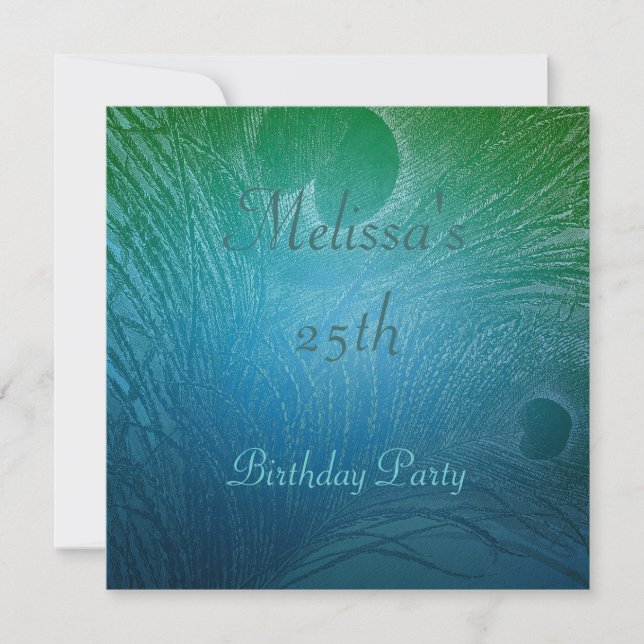 Invitación Fiesta de Cumpleaños Pluma de Pavo Real Azul y Ver (Anverso)