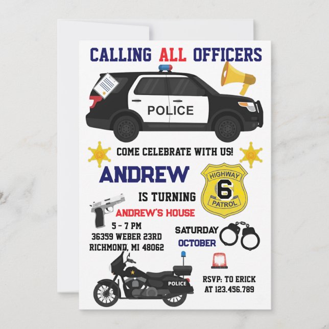 Invitación Fiesta de cumpleaños policial personalizada para n (Anverso)