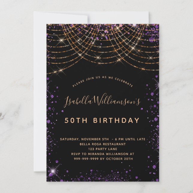 Invitación Fiesta de cumpleaños polvo purpurina de oro morado (Anverso)