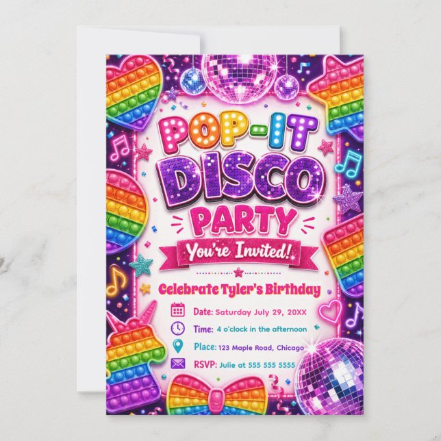 Invitación Fiesta de Cumpleaños Pop It Disco (Anverso)