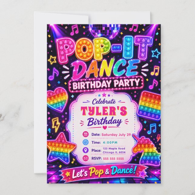 Invitación Fiesta de Cumpleaños Pop It Disco (Anverso)