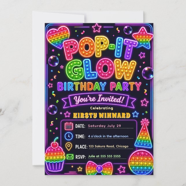 Invitación Fiesta de cumpleaños Pop It Glow (Anverso)