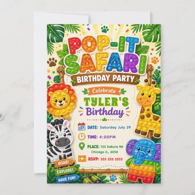 Invitación Fiesta de cumpleaños Pop It Safari (Anverso)