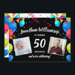 Invitación Fiesta de cumpleaños por correo Enviar un Collage<br><div class="desc">Celebra un cumpleaños especial por correo o virtualmente con esta divertida tarjeta que incluye 2 fotos enmarcadas con globos coloridos colocados en un fondo negro. Perfecto para cualquier cumpleaños de edad ya que puede cambiar fácilmente el año. El reverso incluye instrucciones sobre dónde enviar tarjetas de cumpleaños para celebrar el...</div>