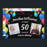 Invitación Fiesta de cumpleaños por correo Enviar un Collage<br><div class="desc">Celebra un cumpleaños especial por correo o virtualmente con esta divertida tarjeta que incluye 2 fotos enmarcadas con globos coloridos colocados en un fondo negro. Perfecto para cualquier cumpleaños de edad ya que puede cambiar fácilmente el año. El reverso incluye instrucciones sobre dónde enviar tarjetas de cumpleaños para celebrar el...</div>
