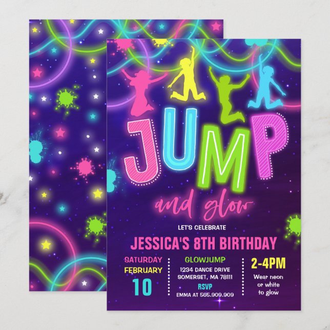 Invitación Fiesta de cumpleaños por salto brillante Neon Jump (Anverso / Reverso)