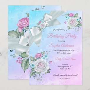 Invitación Fiesta de Cumpleaños Preciosa Floral Azul Turquesa