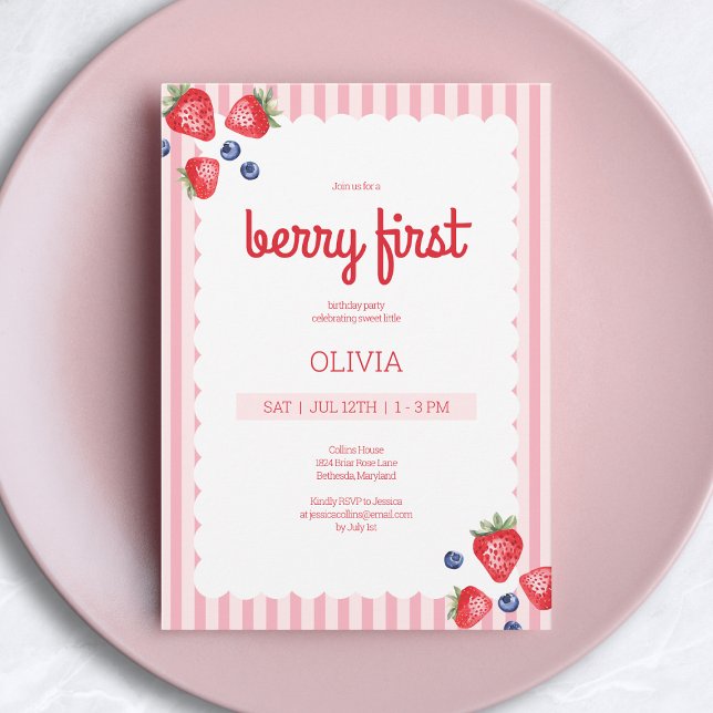 Invitación Fiesta de Cumpleaños Primera 1er Frutas Veraniegas (Cute Summer Fruit Berry First 1st Birthday Party Invitation)