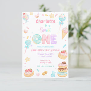 Invitación Fiesta de Cumpleaños Primera Pastel Dulce Uno