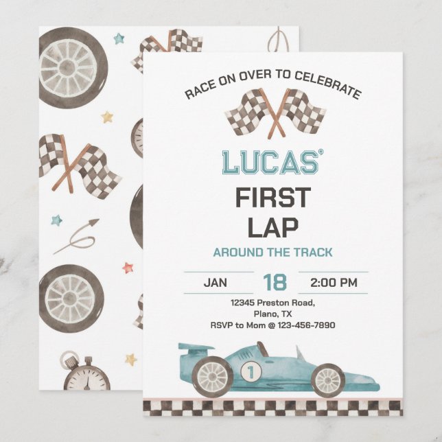 Invitación Fiesta de cumpleaños primera vuelta de coche de ca (Anverso / Reverso)