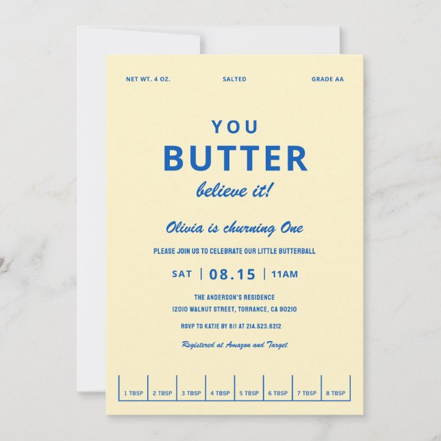 Invitación Fiesta de Cumpleaños Primero Mantequilla Créelo (Anverso)