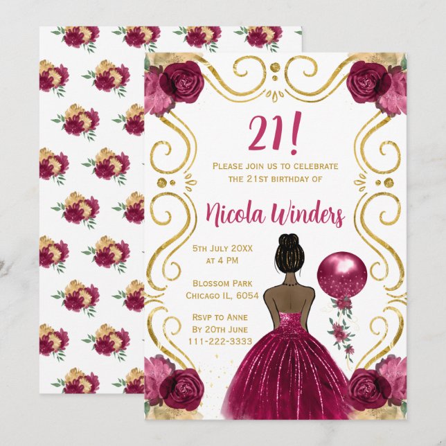 Invitación Fiesta de cumpleaños Princesa de piel oscura en Bo (Anverso / Reverso)