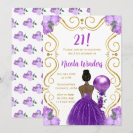 Invitación Fiesta de cumpleaños Princesa de piel oscura en mo