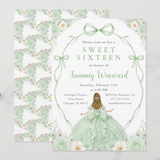 Invitación Fiesta de Cumpleaños Princesa Floral Verde Dulces  (Anverso / Reverso)