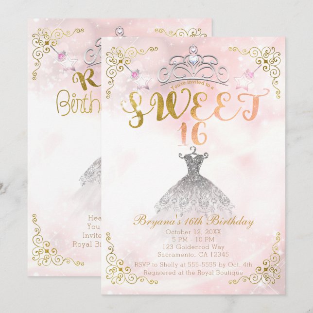 Invitación Fiesta de Cumpleaños Princesa SWEET 16 Rosa Brillo (Anverso / Reverso)