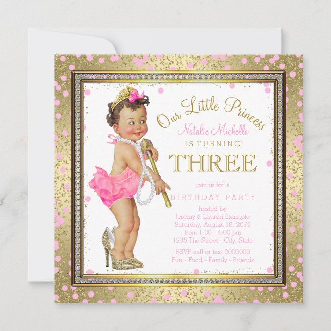Invitación Fiesta de Cumpleaños Princesas Niñas 3 años Rosa D (Anverso)