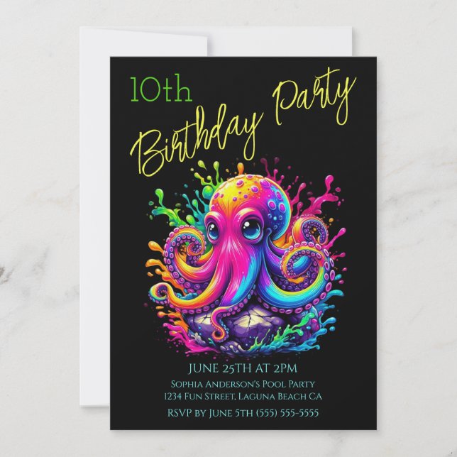 Invitación Fiesta de Cumpleaños- Pulpo Colorido Salpicadura (Anverso)