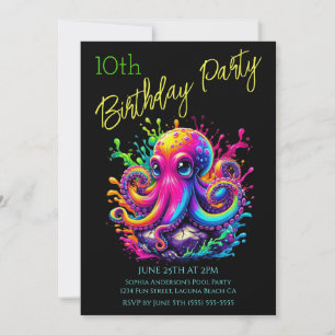 Invitación Fiesta de Cumpleaños- Pulpo Colorido Salpicadura
