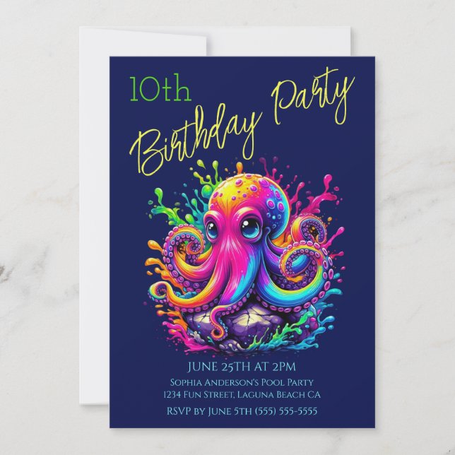 Invitación Fiesta de Cumpleaños- Pulpo Colorido Splash (Anverso)