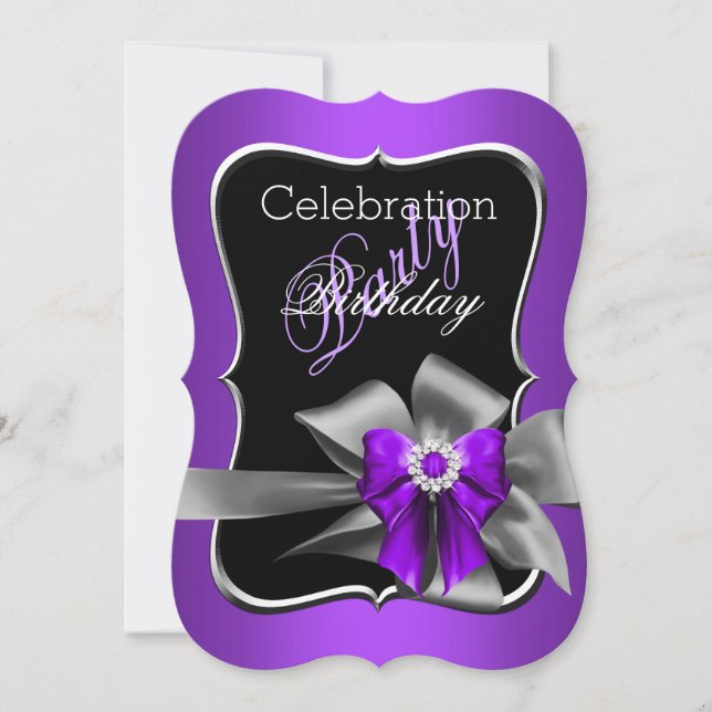 Invitación Fiesta de cumpleaños Purple Bow Black Silver (Anverso)