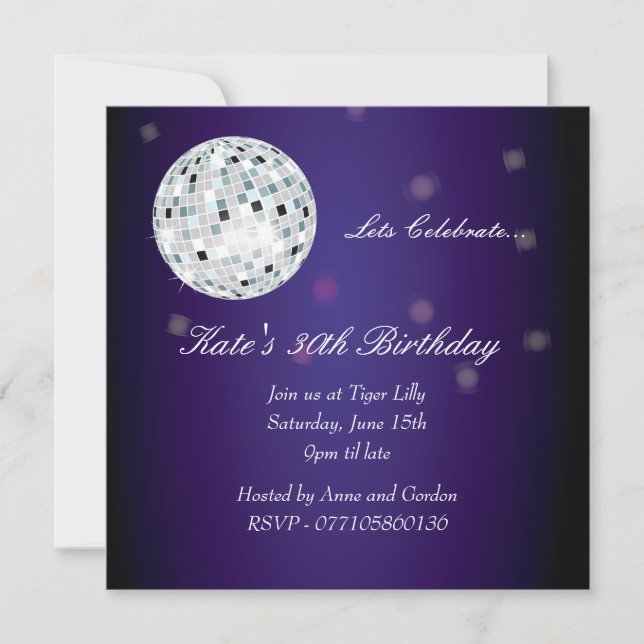 Invitación Fiesta de cumpleaños Purple Disco Ball (Anverso)