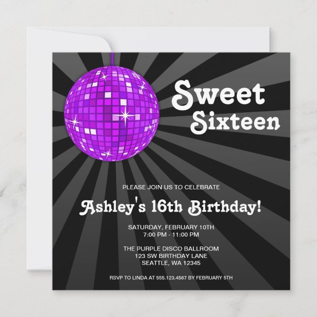 Invitación Fiesta de cumpleaños Purple Disco Ball Sweet 16 (Anverso)