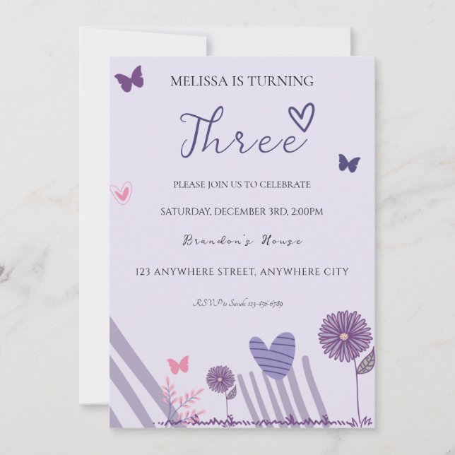 Invitación Fiesta de cumpleaños Purple Floral (Anverso)