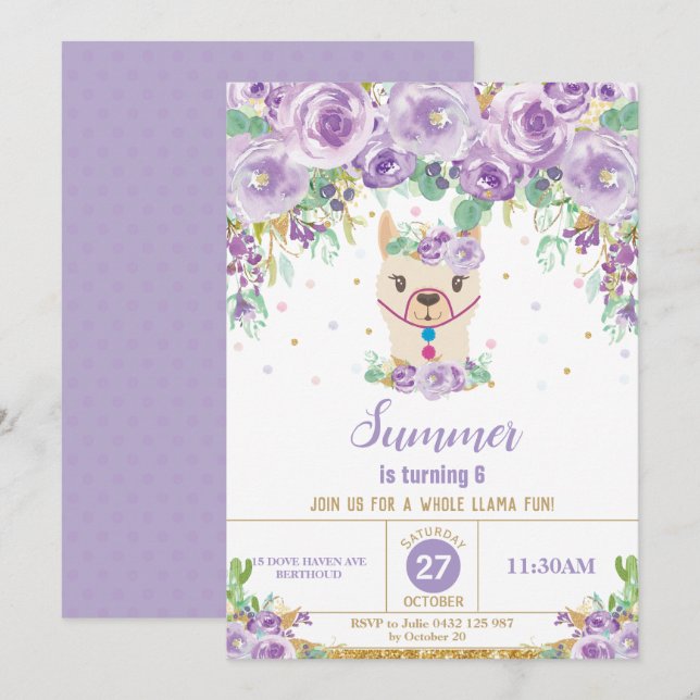 Invitación Fiesta de cumpleaños Purple Floral Cute Llama (Anverso / Reverso)