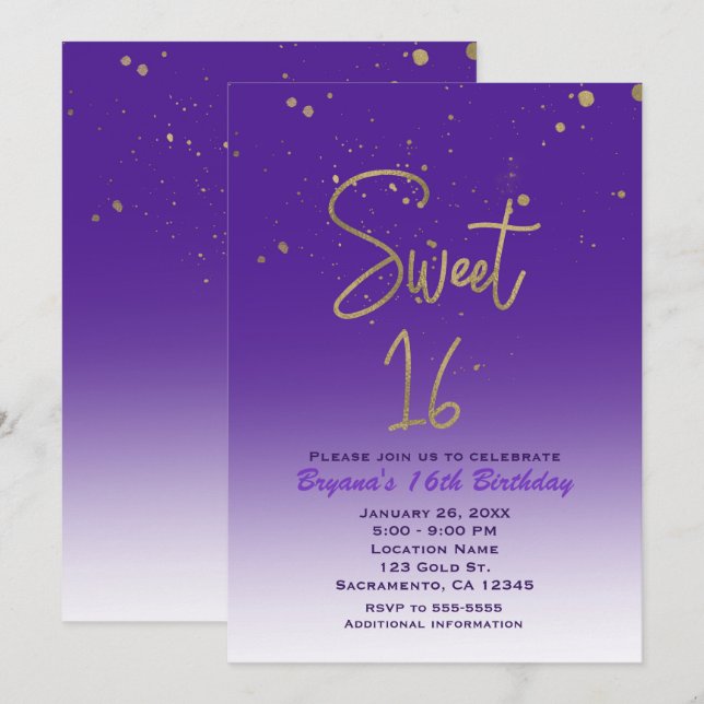 Invitación Fiesta de cumpleaños Purple & Gold Modern Glam SWE (Anverso / Reverso)