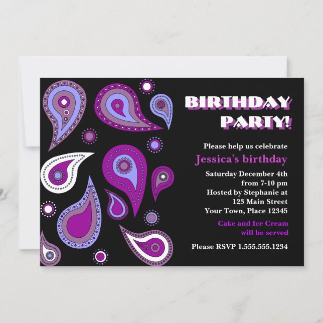 Invitación Fiesta de cumpleaños Purple Paisley (Anverso)