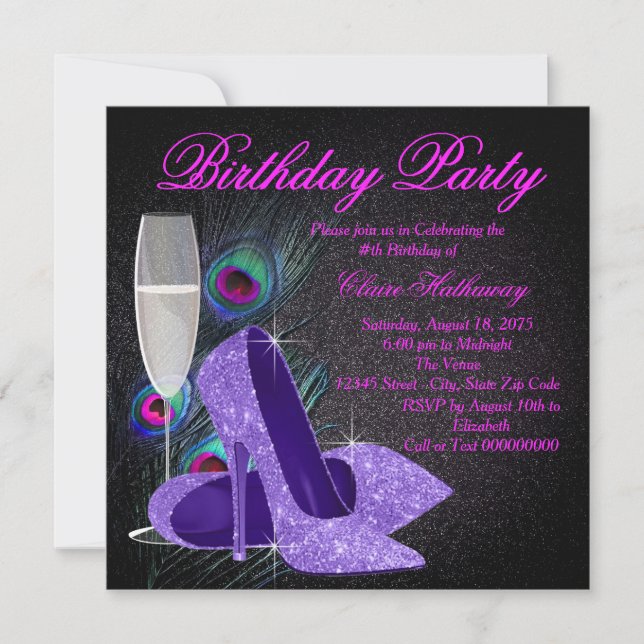 Invitación Fiesta de cumpleaños Purple Peacock para mujeres (Anverso)