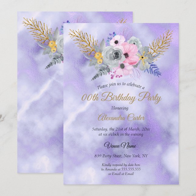 Invitación Fiesta de cumpleaños Purple Pink Gold Floral (Anverso / Reverso)