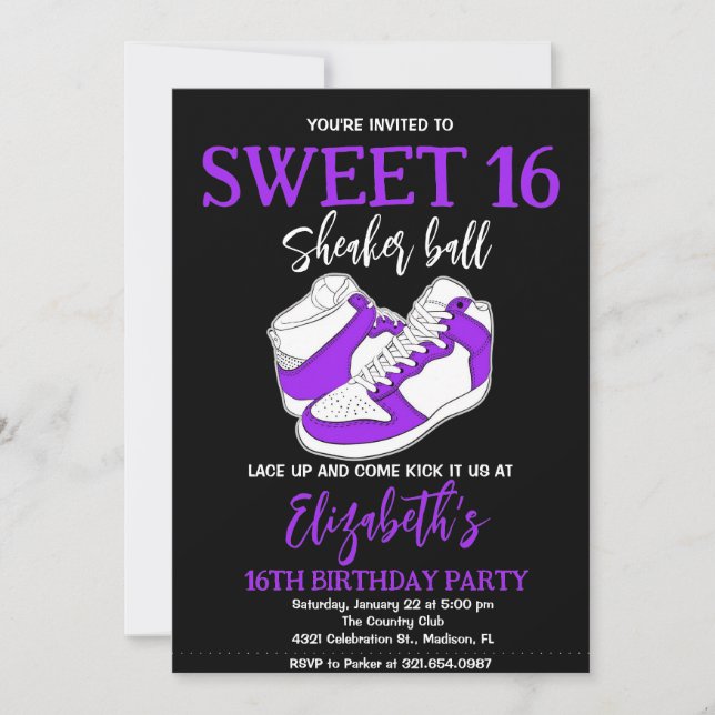Invitación Fiesta de cumpleaños Purple Sneaker Bash (Anverso)