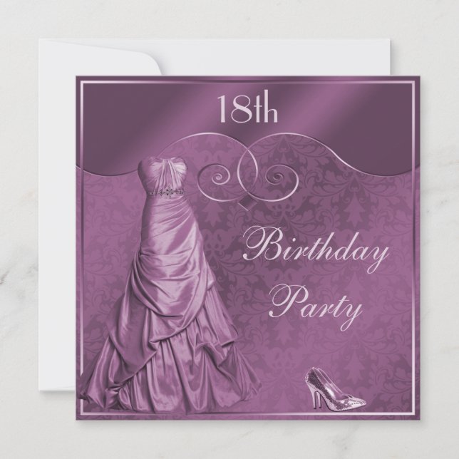 Invitación Fiesta de cumpleaños púrpura atractiva del vestido (Anverso)