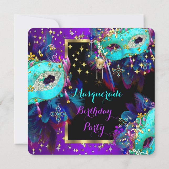 Invitación Fiesta de cumpleaños púrpura azul Verde azulado (Anverso)