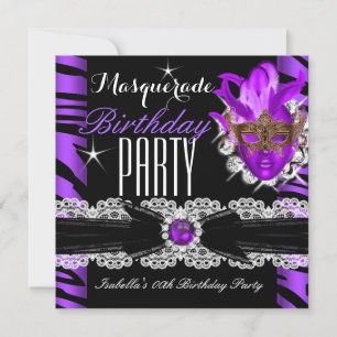 Invitación Fiesta de Cumpleaños Purpura de Cebra con Máscara