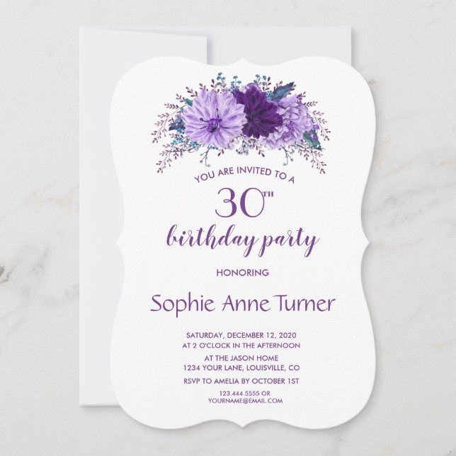Invitación Fiesta de cumpleaños púrpura de la Pluma Floral Bo (Anverso)