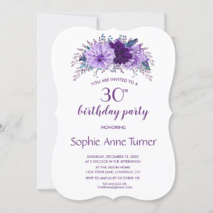 Invitación Fiesta de cumpleaños púrpura de la Pluma Floral Bo