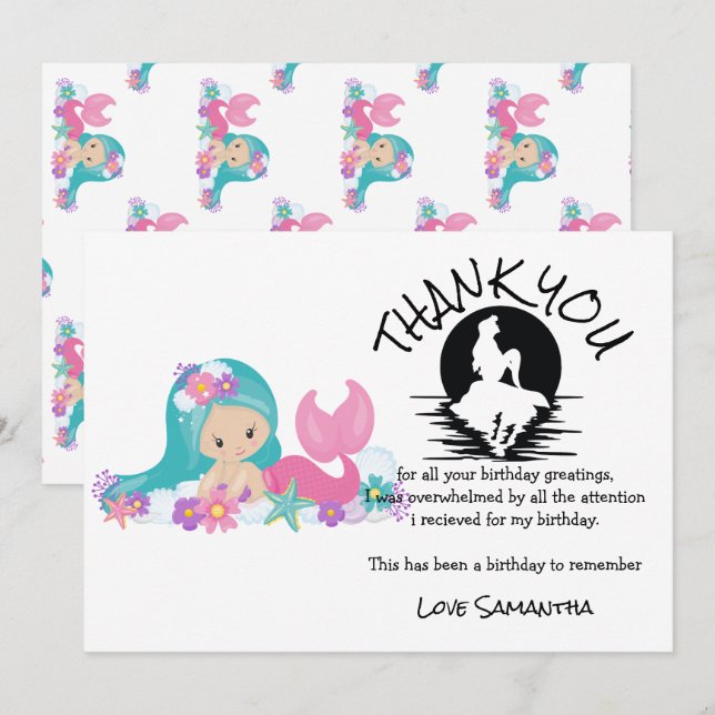 Invitación Fiesta de cumpleaños púrpura de Sirena Gracias (Anverso / Reverso)