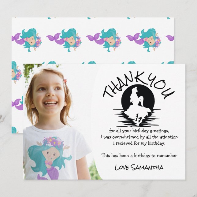 Invitación Fiesta de cumpleaños púrpura de Sirena Gracias (Anverso / Reverso)