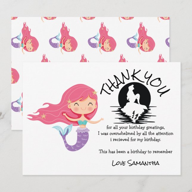 Invitación Fiesta de cumpleaños púrpura de Sirena Gracias (Anverso / Reverso)