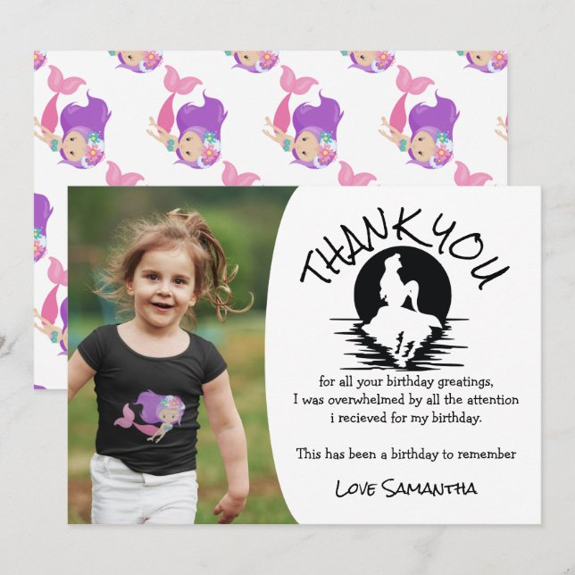 Invitación Fiesta de cumpleaños púrpura de Sirena Gracias (Anverso / Reverso)