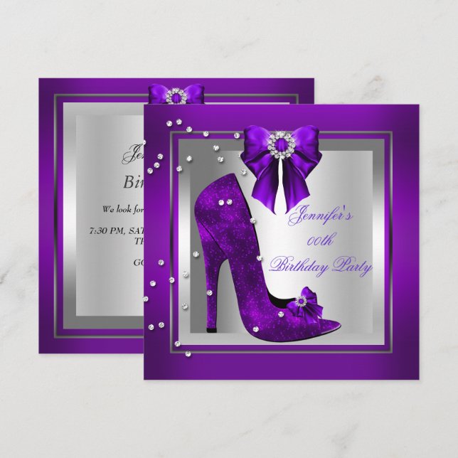 Invitación Fiesta de cumpleaños púrpura de zapatos de tacón a (Anverso / Reverso)