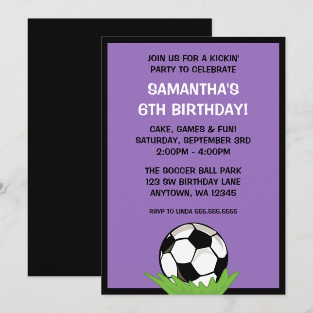 Invitación Fiesta de cumpleaños púrpura del chica del balón (Anverso / Reverso)