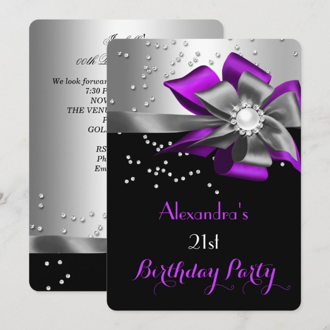 Invitación Fiesta de Cumpleaños Purpura Negro Plata Arco Perl (Anverso / Reverso)