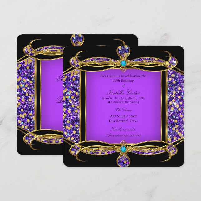 Invitación Fiesta de Cumpleaños Purpura Turquesa Dorado Negro (Anverso / Reverso)