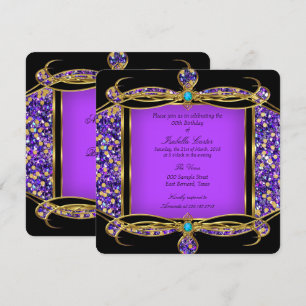 Invitación Fiesta de Cumpleaños Purpura Turquesa Dorado Negro