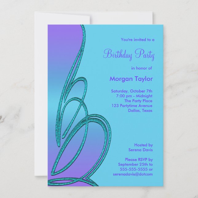 Invitación Fiesta de cumpleaños púrpura y turquesa (Anverso)