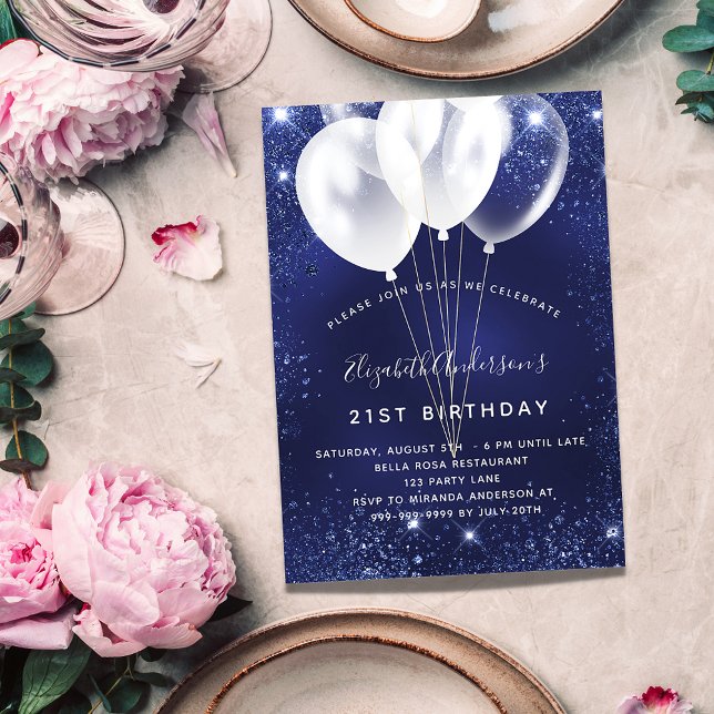 Invitación Fiesta de cumpleaños purpurina azul marino globos  (Subido por el creador)